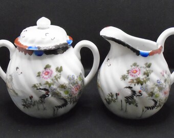 Vintage Porcelain Sugar Bowl and Creamer Serving Ware Set Kutani Cranes Creamer Pitcher