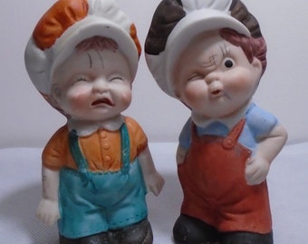 Vintage Ceramic little Boy Figurines One Tough Guy and One Crybaby