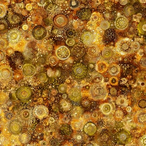 May include: A dense, abstract pattern featuring numerous circular, flower-like motifs in shades of golden yellow, ochre, burnt orange, and deep brown. The composition is filled with intricate, radiating lines and dotted textures throughout.