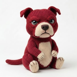 May include: A knitted dog toy in a sitting pose. The toy is mainly burgundy with cream-coloured details on the chest, muzzle, and paws. It has a stern expression with grey eyes and a brown nose. The toy is made of soft yarn.