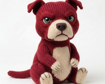 Knitting Pattern Pitbull, Knitted Toy Dog PDF, Stuffed Softie, Flat & Seamed Instructions, The Crimson Bully Plush