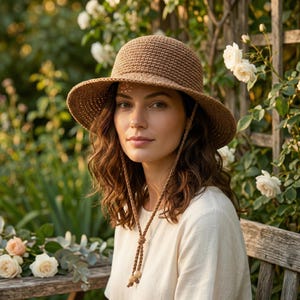 Patrón de ganchillo para sombrero de sol en PDF, sombrero rústico de rafia para verano, accesorio bohemio sin costuras con ala acampanada, sombrero de paja de punto para mujer de nivel intermedio