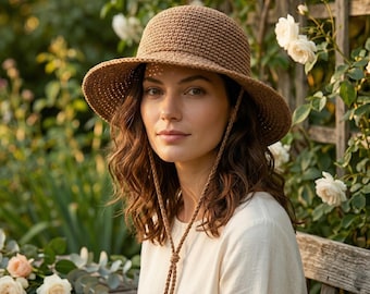 Häkelanleitung Sonnenhut PDF, Rustikaler Sommerhut aus Raffia, Nahtlos ausgestellte Krempe, Boho Accessoire, Fortgeschrittene Damen Strohhut