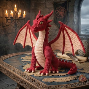May include: A handcrafted red crochet dragon with cream-colored accents, sitting on a map-covered table. The dragon has large wings and a long tail. The table has the word "CROWNLANDS" on it. A candle holder and a banner are in the background.