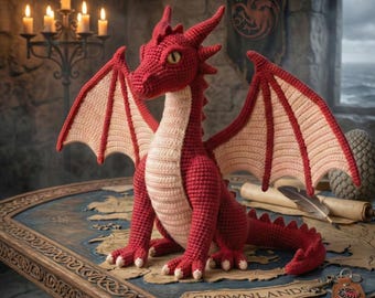 Amigurumi-Drachen Häkelanleitung, großer Fantasy-Drache PDF, beweglicher Flügel Fabelwesen, roter Drache Plüsch DIY, D&D Maskottchen