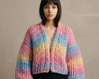 Übergroße Strickjacke, PDF, nahtloser Top-Down-Regenbogenpullover, anfängerfreundliches Jumbo-Garn-Ballonärmel-Strickmuster