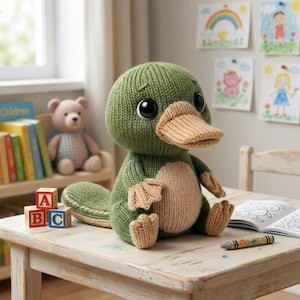 May include: A knitted platypus toy in green and tan, featuring large black eyes and a tan beak. The soft toy sits on a small white table with ABC blocks and a colouring book. A teddy bear and children's drawings are visible in the background.