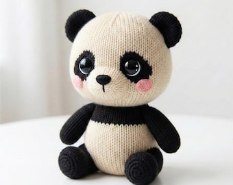 Knitting Pattern Panda, Knitted Toy Bear PDF, Seamless In the Round, Stuffed Animal Softie, Monochrome Nursery Decor