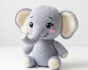 Patrón de tejido de elefante, juguete de punto en PDF, instrucciones para tejer en plano y redondo, peluche de elefante, decoración de safari para habitación infantil.