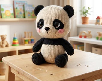 Strickanleitung Panda, Strickmuster, PDF, Nahtlos In die Rund, Kuscheltier Softie, Stofftier Bär, Monochrome Kinderzimmer Deko