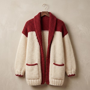 May include: A chunky knit cardigan in cream and burgundy, hanging on a wooden hanger. The open-front sweater features a shawl collar, two front pockets, and burgundy trim. The thick knit construction suggests a warm, cozy garment.