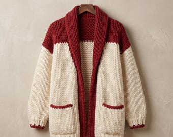 Oversized Cardigan Strickmuster PDF, Grobstrick-Pullover mit Schalkragen, Nahtlose Farbblock-Strickmuster