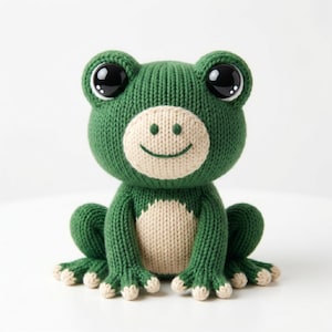 May include: A knitted green frog toy with large black eyes and a cream-colored face and belly. The frog has a smiling face and is sitting upright. The frog's feet and hands have cream-colored tips. The toy is made of a soft, textured yarn.