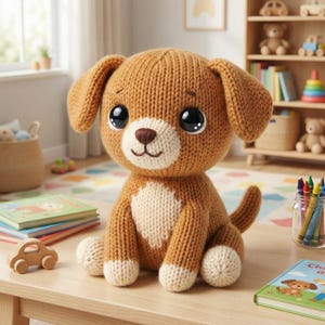 May include: A knitted brown and cream-colored puppy dog toy with large black eyes, sitting on a wooden table. The toy has a white patch on its chest and white paws. A wooden toy car and children's books are also on the table.