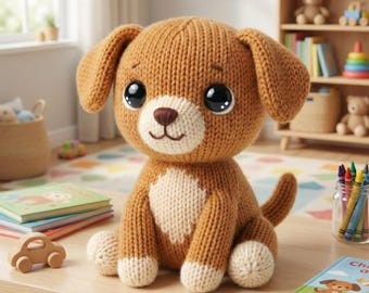 Breipatroon hond, gebreid puppy speelgoed, plat en in de ronde instructies, knuffelbeer, Golden Beagle Wolf, pdf