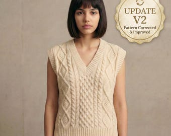 Vanilla Diamond Vest Knitting Pattern, Cable Knit Slipover PDF, V-Neck Sweater Vest Pattern, Bottom Up Seamed Knit, Modern Knitwear DIY