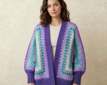 Oversized Hexagon Cardigan Häkelanleitung, Pastell Grandma Square Pullover, Geometrische Jacke mit Ballonärmeln, digitale Muster Download