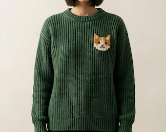 Oversized Pullover Strickmuster PDF , Fischer Rippen Pullover , Katzen-Applikation Strickmuster , Rundhalspullover mit tiefer Schulter