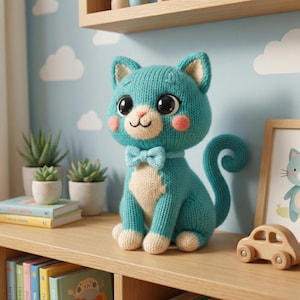 May include: A teal knitted cat doll with a bow tie and rosy cheeks sits on a wooden shelf. The cat has large, expressive eyes and a cream-colored belly and paws. A wooden toy car and small potted plants are also on the shelf.
