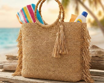 Häkelanleitung Bast Tasche, Bambus Henkel Tote PDF, Papiergarne häkeln, Sommer Strand Shopper, Boho Fransen Geldbörse, Luxus Resort DIY