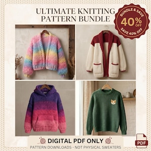 Peut inclure: Image présentant quatre pulls tricotés. En haut à gauche, un cardigan arc-en-ciel. En haut à droite, un cardigan crème et bordeaux. En bas à gauche, un sweat à capuche dégradé violet. En bas à droite, un pull vert avec un écusson chat. Le texte indique "ULTIMATE KNITTING PATTERN BUNDLE".