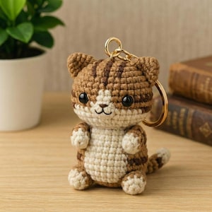 Könnte beinhalten: Ein handgefertigter Katzen-Schlüsselanhänger aus Häkelarbeit in Braun- und Cremetönen. Die Katze hat schwarze Augen und einen goldfarbenen Schlüsselring. Die Katze sitzt aufrecht mit ihren Pfoten nach vorne.