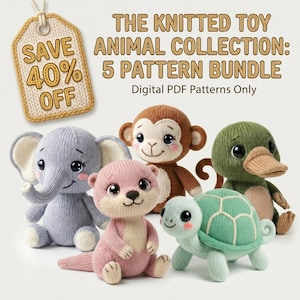 May include: A collection of five knitted animal toys: an elephant, a monkey, an otter, a turtle, and a duck. The toys are in various colors, including blue, brown, pink, and green. The image also includes a tag that says "SAVE 40% OFF".