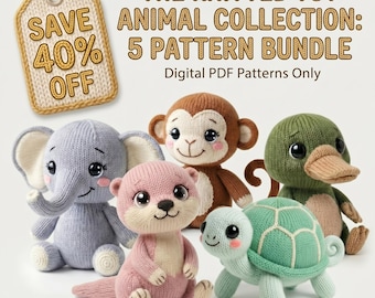 5 in 1 Stricktier Muster Bundle PDF, Elefant Affe Otter Schildkröte Spielzeug stricken, Stofftier Plüschtier, Kinderzimmer Dekor