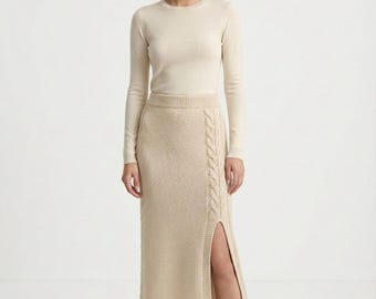 Cable Skirt Knitting Pattern PDF, Midi Skirt with Side Slit, Knitted Flat Braided Detail, Women's Elegant Knitwear Pattern