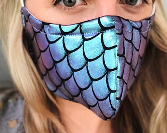 Mermaid face mask. Holographic glitter dragon scale face mask. Quilt filter and built in nose wire.