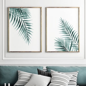 Tropical Plant Print Set of 2, Teal Wall Art, Teal Decor, Palm Branches Print, Watercolor Plant Art, Set of 2, Watercolor Plant Set