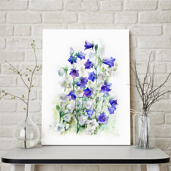 Wildflower blauw en wit Bluebells weide aquarel Print, Wildflower Print aquarel, paarse blauwe bloemen, Wall Art, botanische natuur