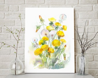Dandelion Wall Art Watercolor Illustration, Wildflowers Print, Dandelion Print, Wildflowers Painting, Floral Illustration, Yellow and White