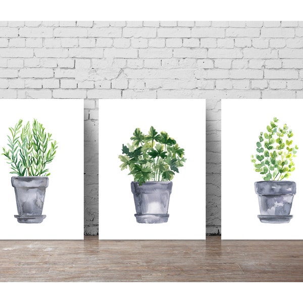 Herbs Slate Blue Gray Print Set of 3, Oregano, Parsley, Rosemary, Herb Prints, Herb Wall Art Painting,Kitchen Art, Kitchen Decor