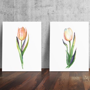 Watercolor Tulips Set of 2 Prints, Peaches and Cream Flower Art, Nursery Room Wall Art, Girl Nursery Flower Art, Tulip Painting Set Decor