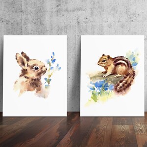 Cute Watercolor Animals Set of 2, Woodland Animals Print Set, Bunny Rabbit and Chipmunk, Nursery Wall Art, Animal Print Set