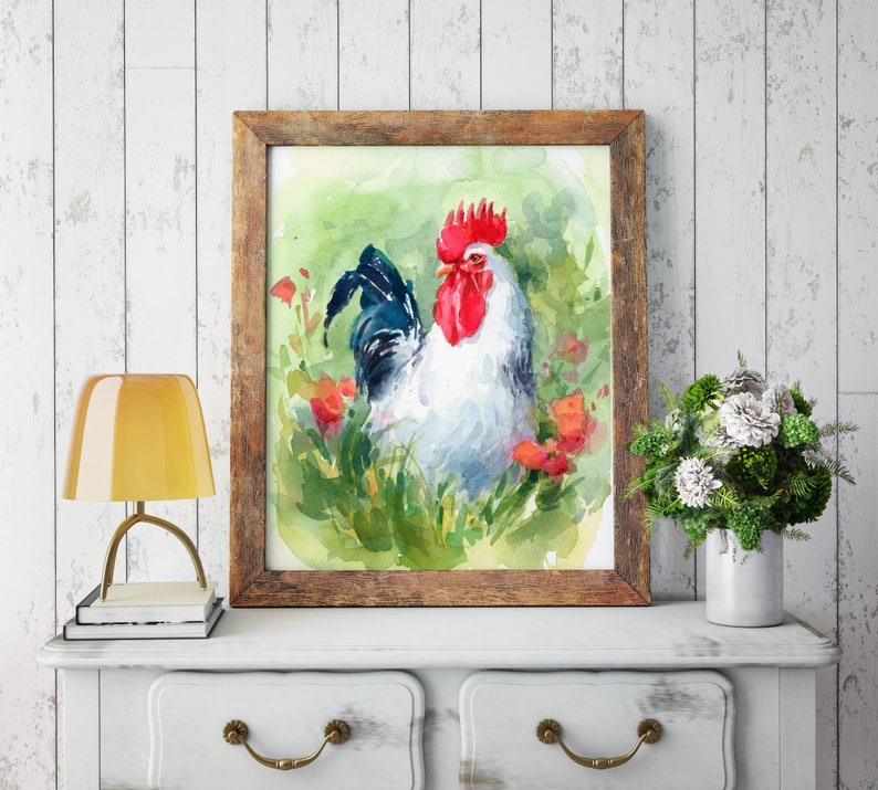 Watercolor Rooster Kitchen Decor Rooster Painting Kitchen Etsy