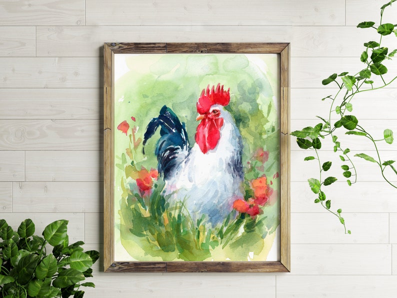 Watercolor Rooster Kitchen Decor Rooster Painting Kitchen Etsy