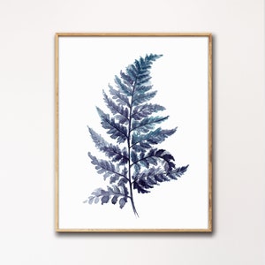 Impresión de helecho de acuarela, arte de pared azul, decoración de índigo, impresión de hoja, impresión de arte botánico, impresión de la naturaleza, pintura de hoja, arte de la naturaleza