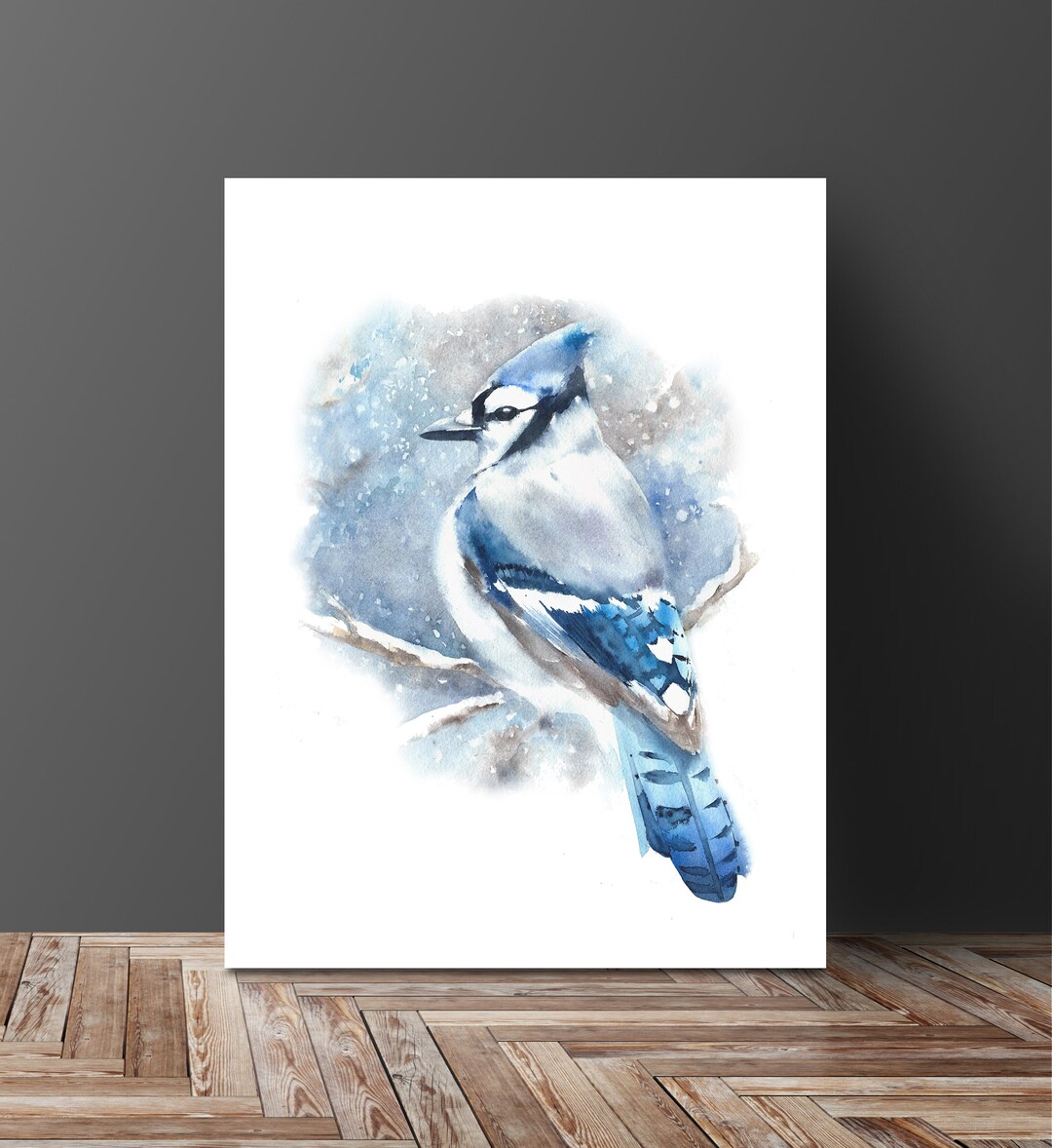 Snowy Animal Print Winter Bird Wall Art Blue Jay Painting Etsy