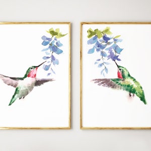 Hummingbird Print Set of 2, Blue Home Decor, Bird Art, Bird Print Set of 2, Set of 2 Prints, Wall Art, Bird Painting, Bird Wall Art Set