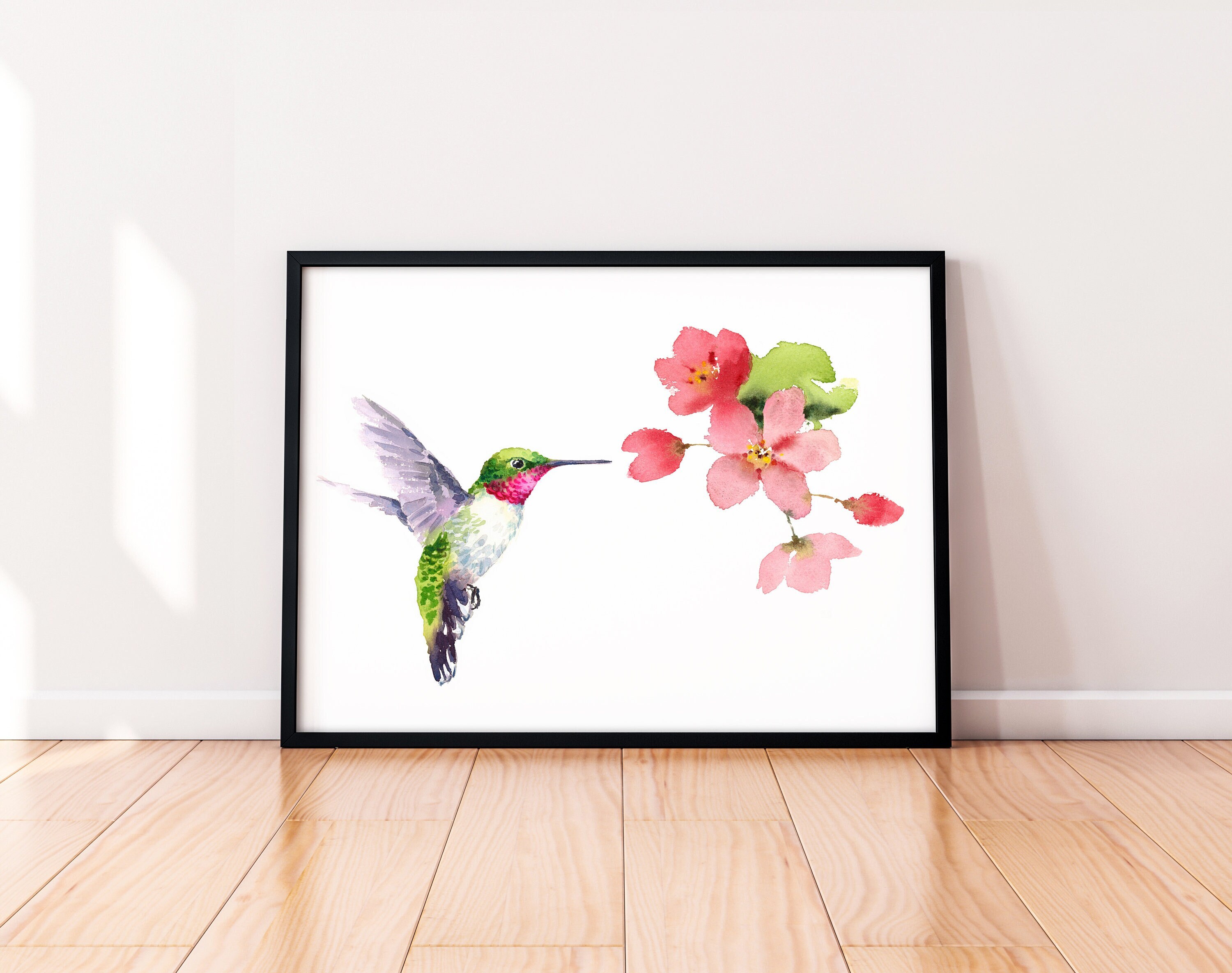 Tropical Botanical Flowers and Hummingbird Wall Art Mural