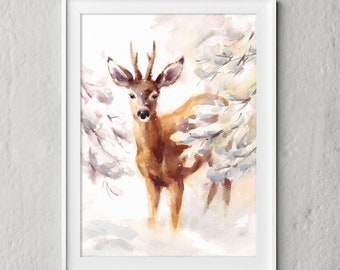 Christmas Deer Print, Snowy Animals, Christmas Wall Art, Christmas Prints, Winter Animals, Winter Art, Deer in Snow, Christmas Wall Decor