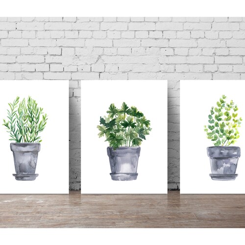 Hierbas pizarra azul gris impresión conjunto de 3, orégano, perejil, romero, estampados de hierbas, pintura de arte de pared de hierbas, arte de la cocina, decoración de la cocina