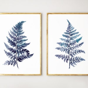 Watercolor Fern Print Set, Botanical Print Set of 2, Blue Prints, Blue Wall Art, Leaves Print, Nature Prints, Fern Leaf, Blue Decor