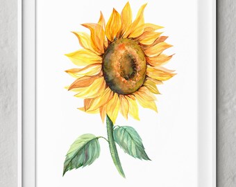 Sunflower Watercolor Illustration Wall Art Print, Sunflower Painting, Sunflower Wall Art, Sunflower Print, Sunflower Art, Kitchen Wall Art