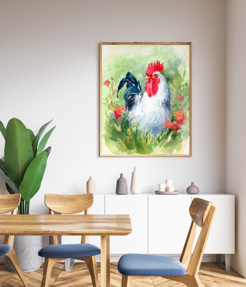 Watercolor Rooster Kitchen Decor Rooster Painting Kitchen Etsy