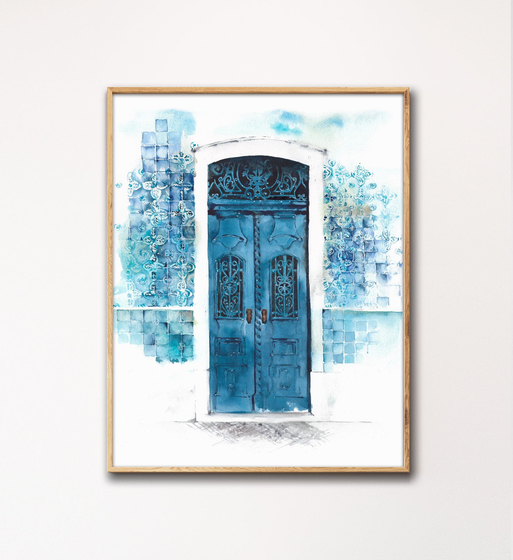 Teal Blue Watercolor Vintage Door Print Gallery Wall Art | Etsy