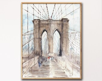 Brooklyn Bridge Watercolor, New York City Print, Brooklyn Bridge Wall Art Painting, New York Art, Brooklyn Art, City Print, City Wall Art