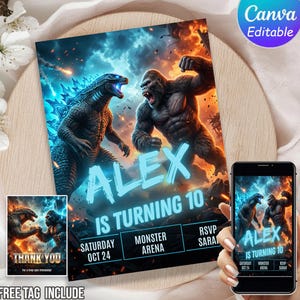 Invitación de cumpleaños animada de Godzilla King Monsters, plantilla editable de vídeo en Canva (descarga digital), vídeo e impresión incluidos, etiqueta gratuita.